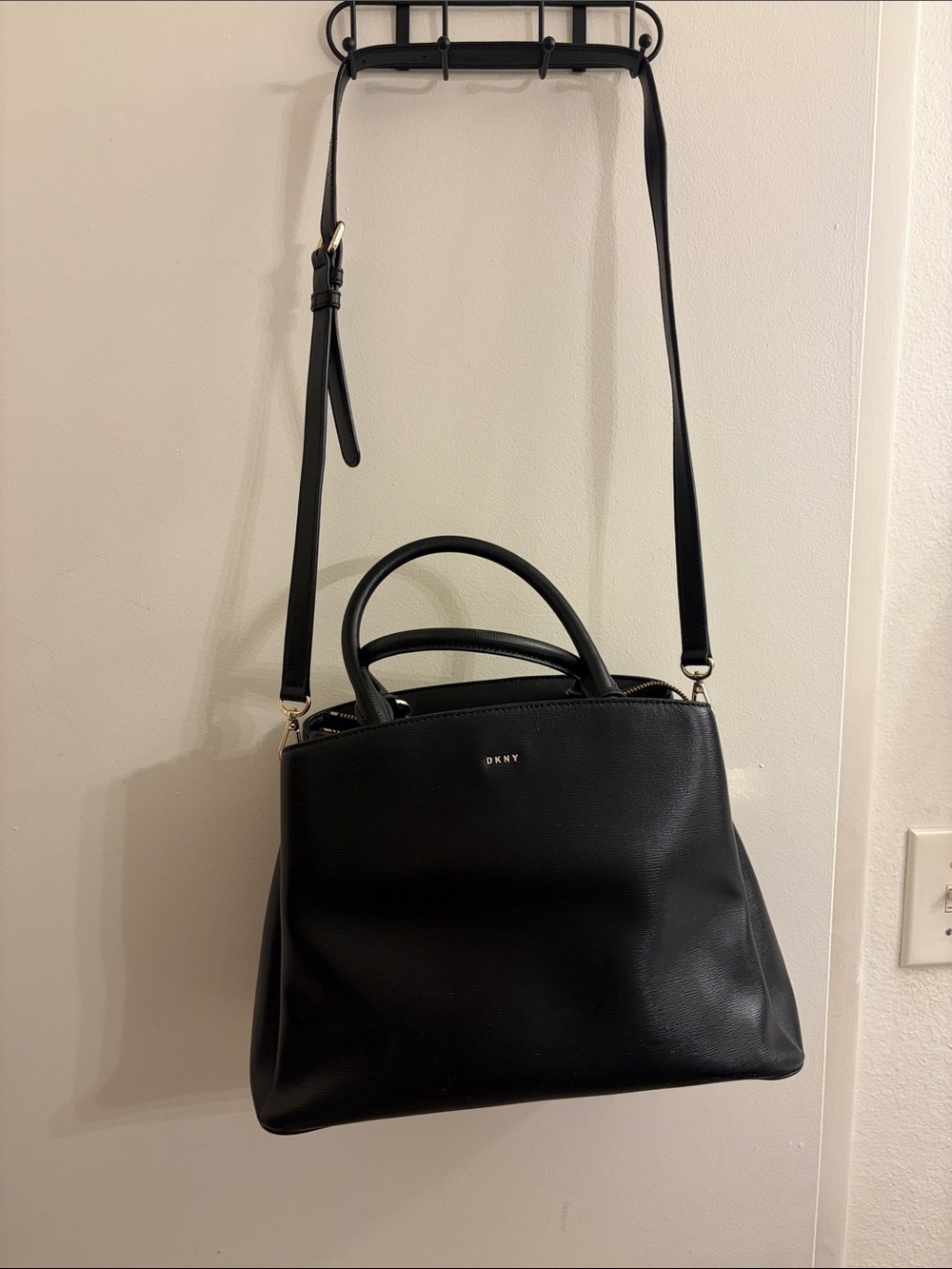 DKNY Black Leather Satchel with Adjustable Crossbody Strap